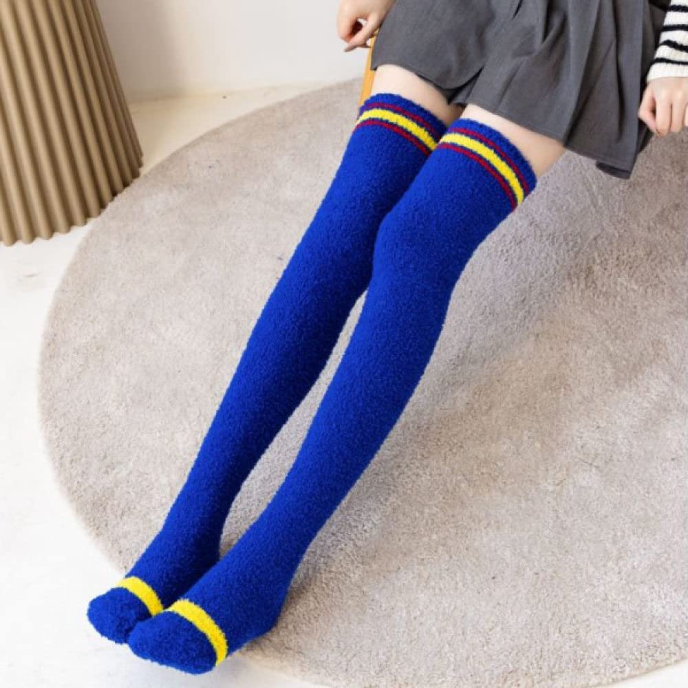MIDJ Warme Socken,Damen Überkniestrümpfe Winter Warme Socken Marineblau Gestreifte Plüsch Fleece Komfortsocken Weiche Überkniestrümpfe Überkniestrümpfe Warme
