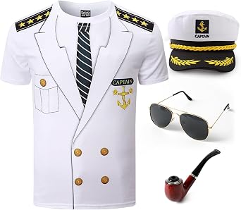 Funny World Mens Captain T-Shirt Graphic Short Sleeve Yacht Party Costume