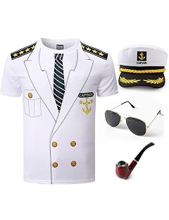 Funny World Mens Captain T-Shirt Graphic Short Sleeve Yacht Party Costume
