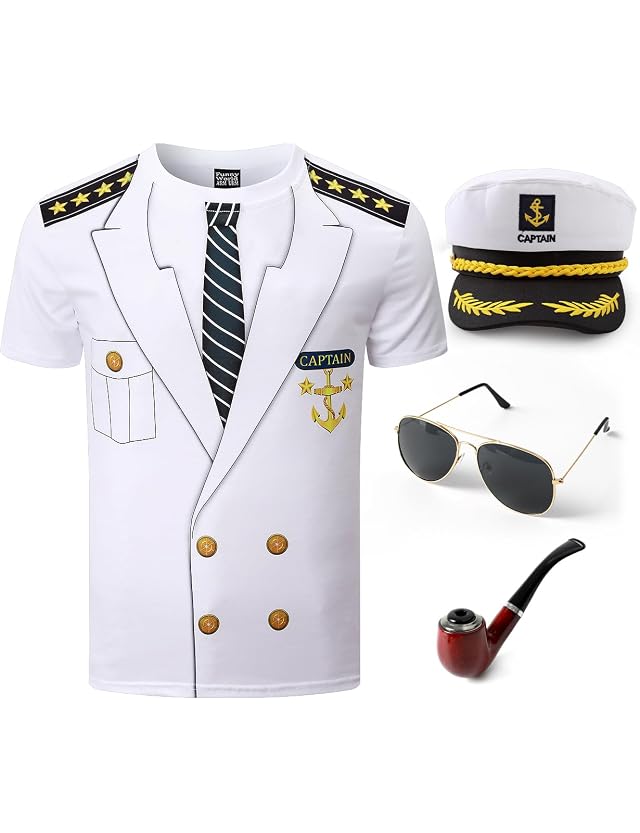 Funny World Mens Captain T-Shirt Graphic Short Sleeve Yacht Party Costume