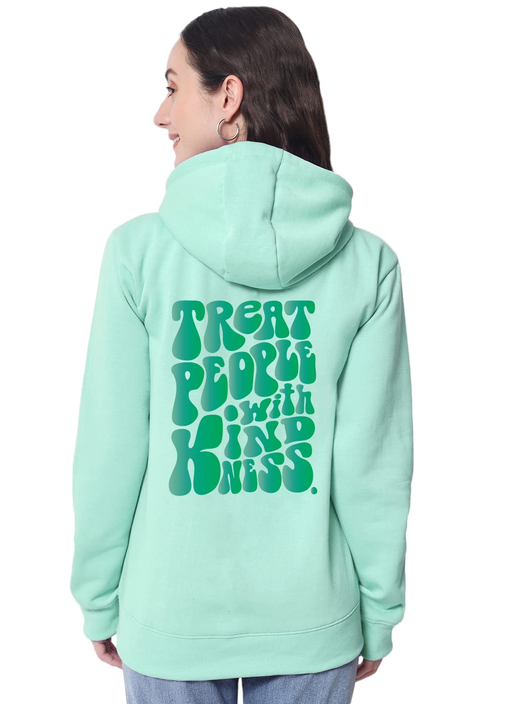 Womens Fleece Sweatshirt Hoodie Light Green Color Treat People with Kindness Printed-image-33