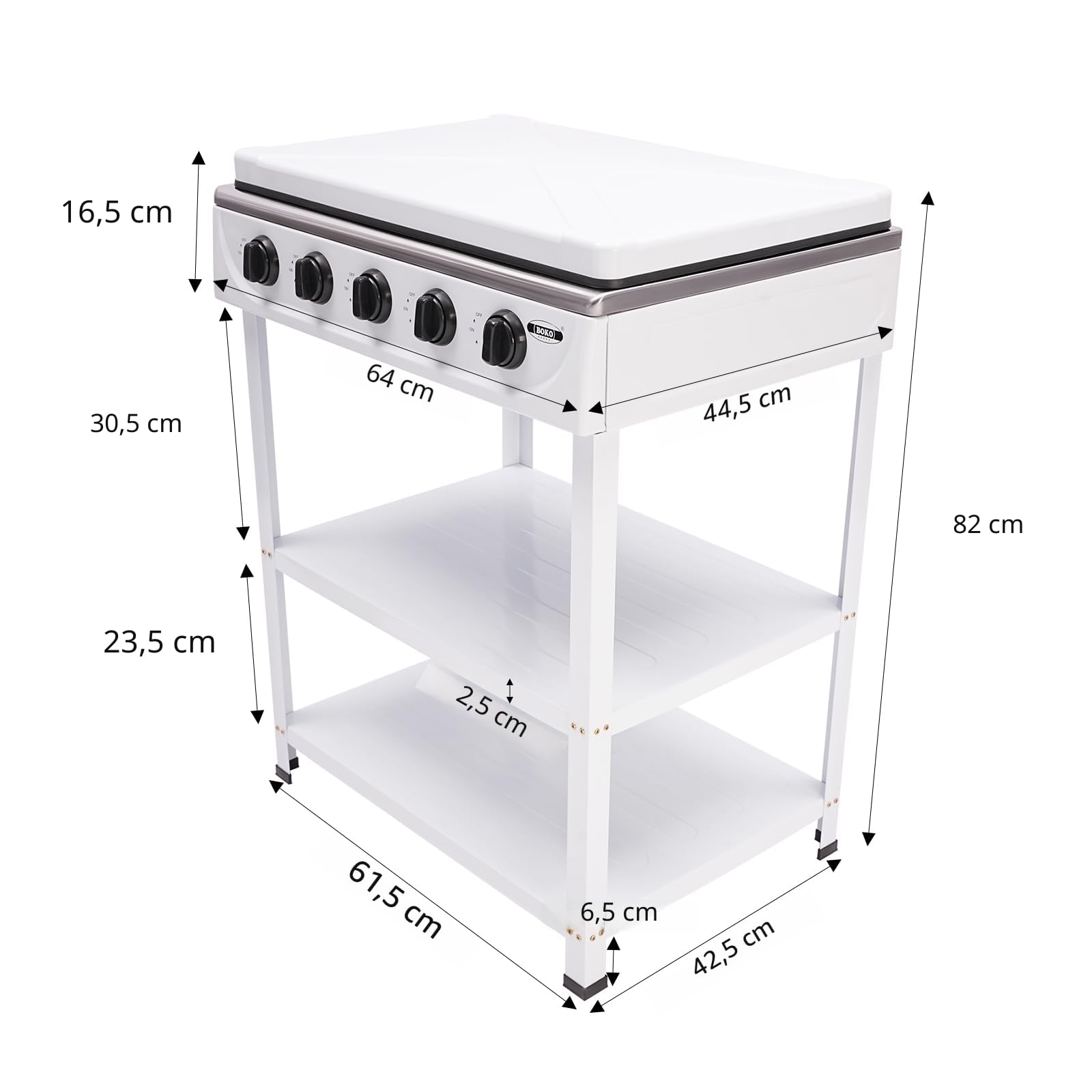 OUKANING Cuisinière à gaz 5 flammes 2,5 kW autonome boutons rotatifs couvercle pieds antidérapants extérieur camping camping-car blanc