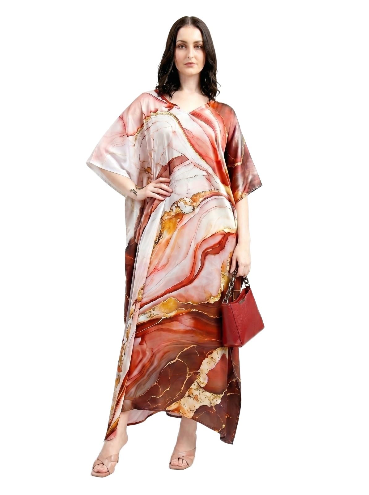 Mrs. SARDARNI Women Kaftan Dress Spring Floral Print Coral Blossom Luxury Oversized Relaxed Fit Flowing Silhouette Resort Wear Stylish Elegant Comfortable Outfit Free Size-image-22
