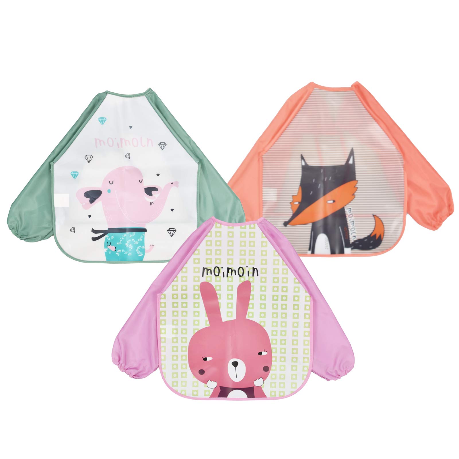 3 Pack Sleeved Bibs Waterproof Babies Feeding Bibs with Long Sleeves Washable Baby Apron for 6-36 Months Kids Eating and Painting