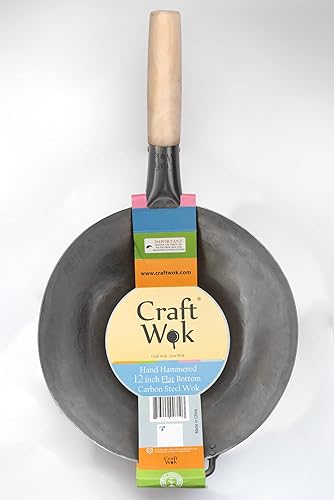 Miniatura 6 de Craft Wok Wok plano de acero al carbono martillado a mano con mango auxiliar de madera y acero (12 pulgadas, parte inferior plana) 731W316-12