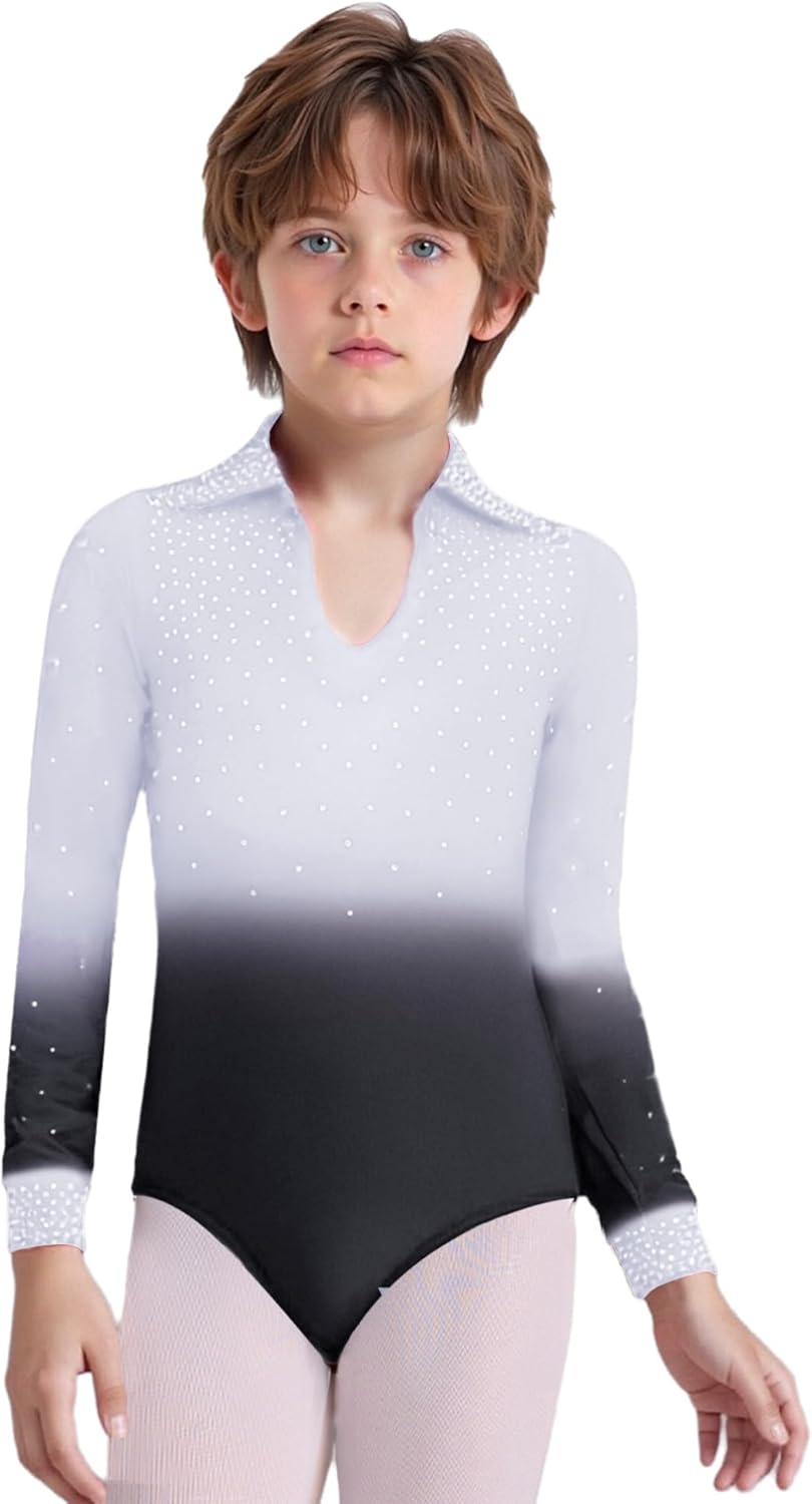 ranrann Kids Boys Figure Skating Latin Dance Outfit Rhinestones Gradient Gymnastics Leotard and Bell Bottom Pants White 14 Years