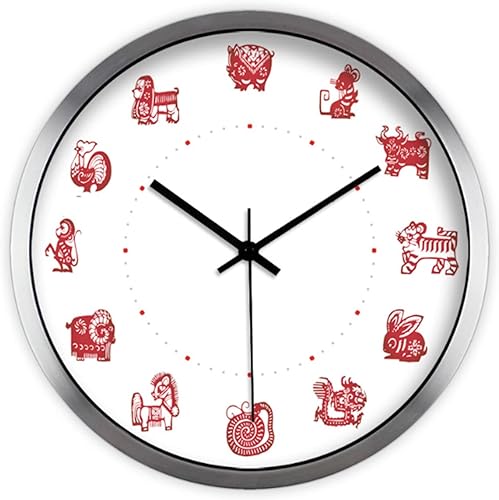 AOKLEY Reloj de pared 12 Reloj de pared clásico del zodiaco chino divertido reloj de pared funciona con pilas, silencioso, sin tictac, rueda del