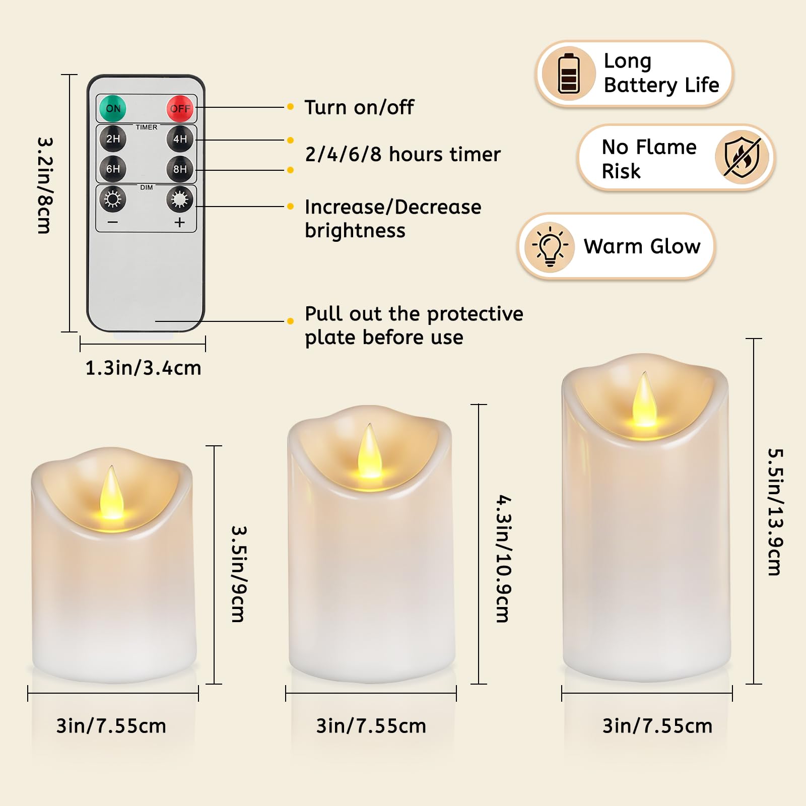 Velas sin llama de 10 cm, 12,7 cm y 15,2 cm, pilares parpadeantes para interiores y exteriores, funcionan con pilas, incluye temporizador remoto de 10 teclas, más de 400 horas por 2 pilas AA (vela