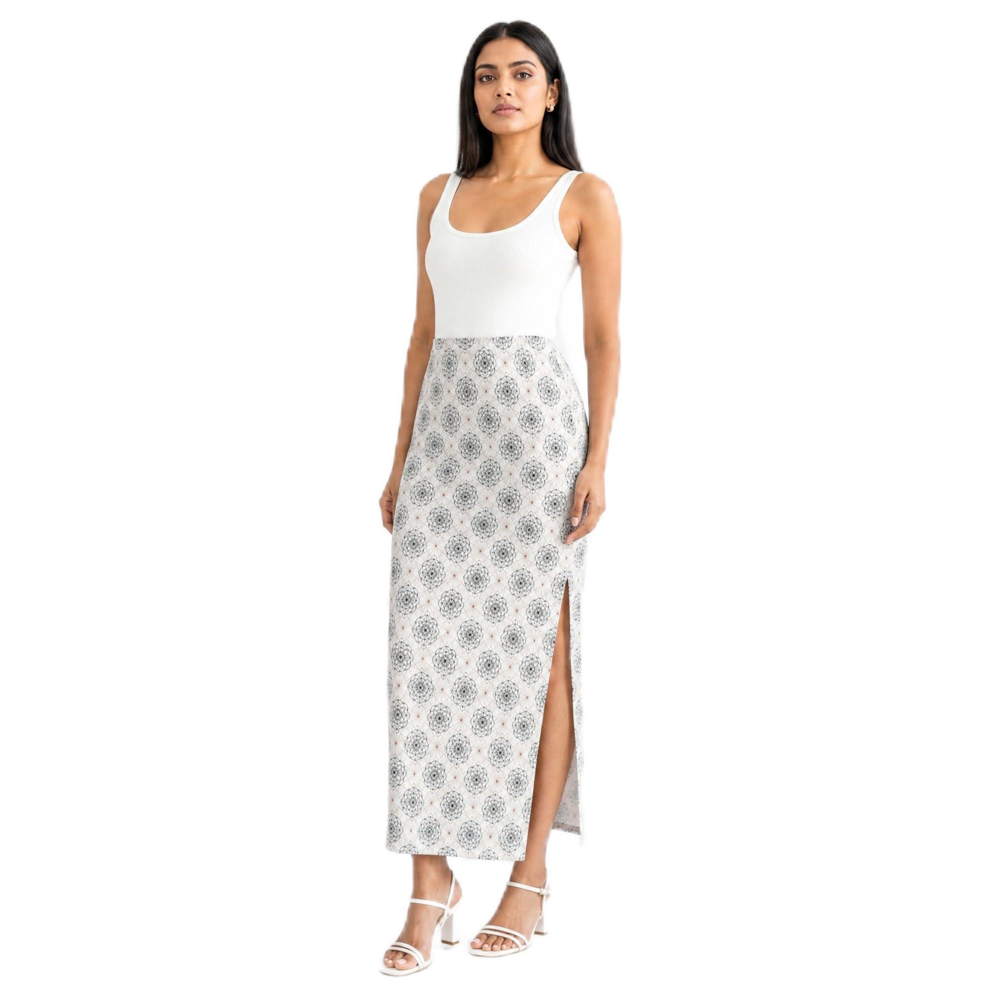 Women's Printed Pencil Skirt – Modern Mandala Print - White | Ankle Length Bodycon | Elastic Waist | Stretchable | Wrinkle Free | Side Slit-picture-28