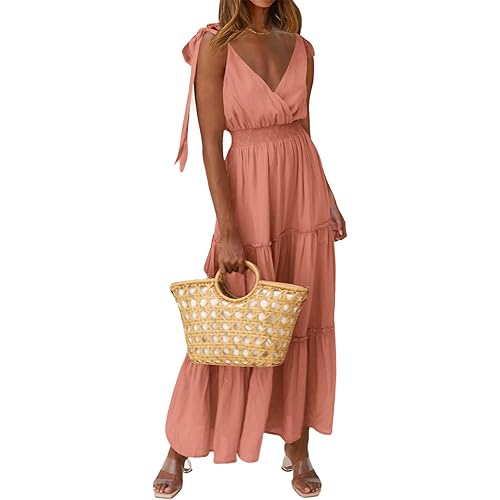 PRETTYGARDEN Women's Cross Neck Summer Sleeveless Tiered Maxi Dress Beach Tie Strap Smocked Long Dresses Pleated Sundress