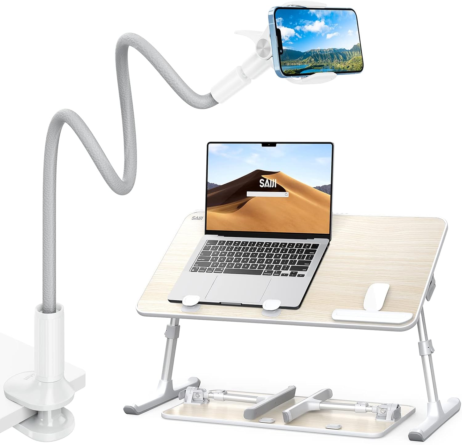 SAIJI Gooseneck Phone Holder for Bed Overall Length 38.6” Flexible Leather Wrapped Arm + Laptop Desk for Bed