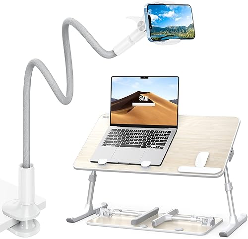 SAIJI Soporte de teléfono de cuello de cisne para cama, longitud total de 38.6 pulgadas, brazo envuelto en cuero flexible + escritorio para