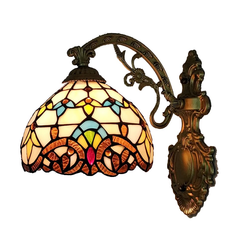 Chao Zan Tiffany Style Wall Sconce, Stained Glass Shade - with Bronze Finish Base, Victorian Baroque Design, Handcrafted Stained Glass Lampshade, Wall Mount Lamp E27 (Image: A)