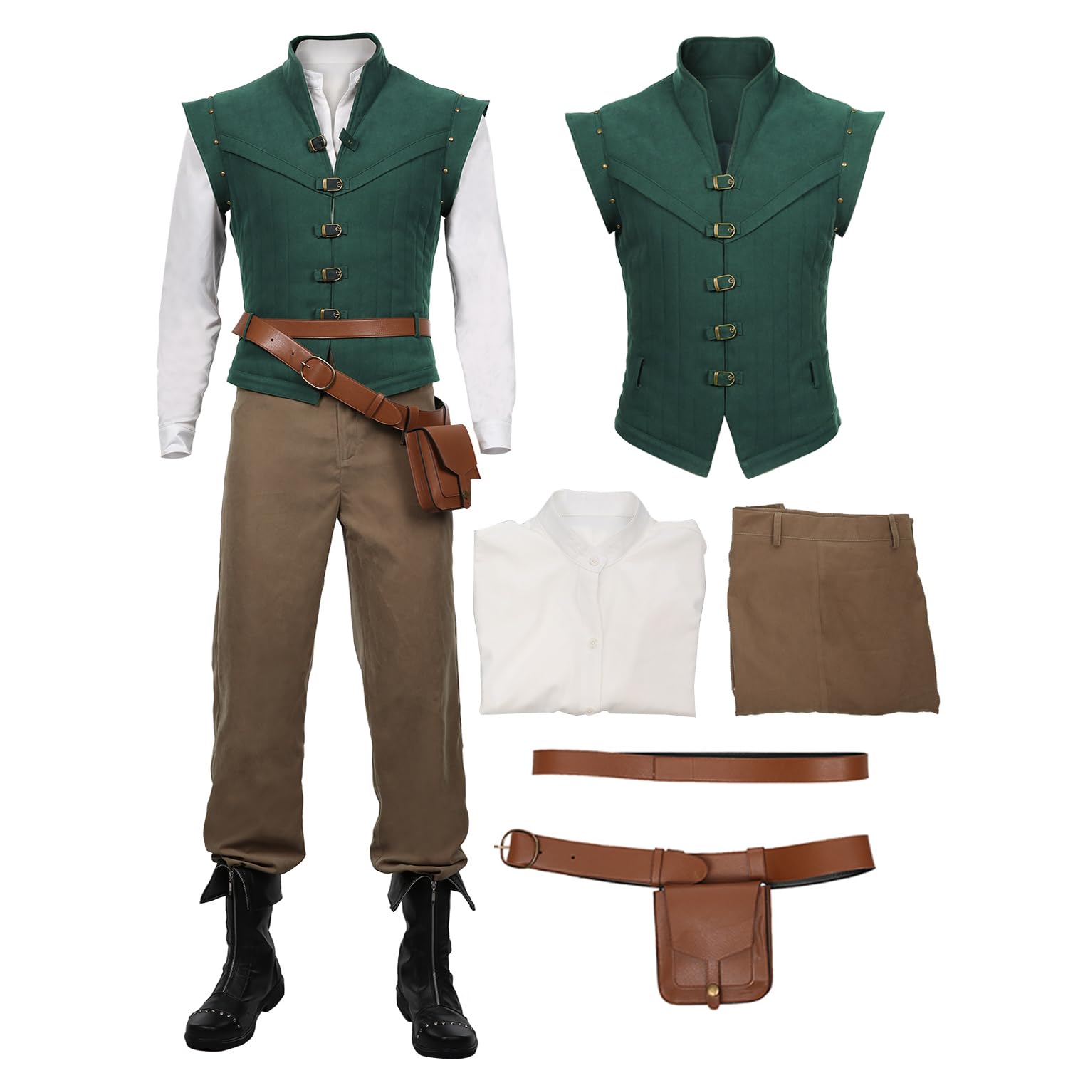 Adult Mens Flynn Rider Costume Halloween Cosplay Full Set Outfit with Belt Bag