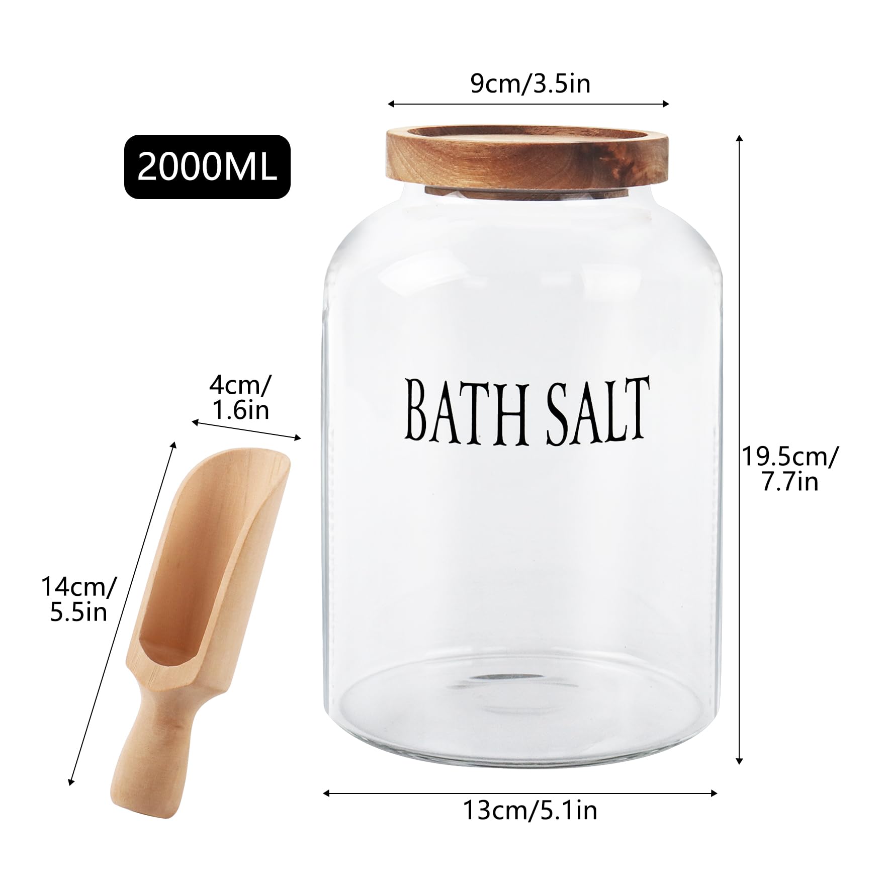 Klmnop 74 oz Glass Bath Salts Jar with Wooden Scoop, Bath Salt Container with Lid, Bathroom Organizers and Bath Decor(Clear)