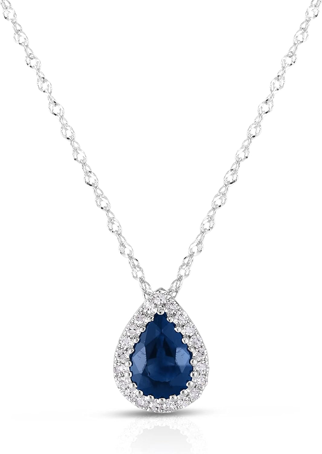 14K White Gold Genuine Sapphire 7/8Ct with Diamonds Teardrop Pendant Necklace