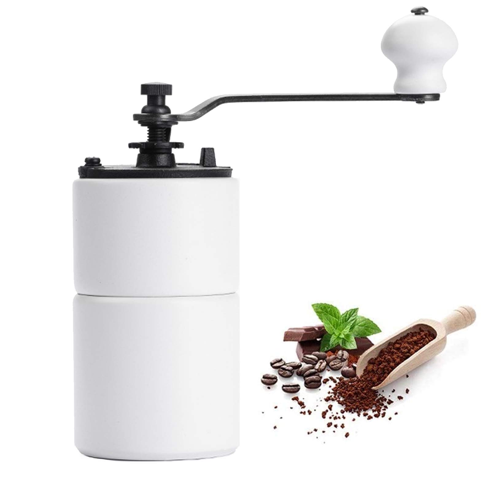 Molino De Grano Café Manual, Molino De Muela De Cerámica De Manivela, Configuración Portátil Ajustable Máquina De Molino De Café para Viajar Y Acampar,Blanco