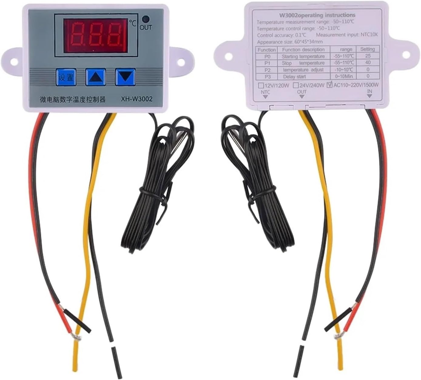 1pc XH-W3002 Temperature Controller AC110V-220V DC12V/24V LED Digital Control Thermostat Microcomputer Switch Thermoregulator Sensor(AC 110-220V)