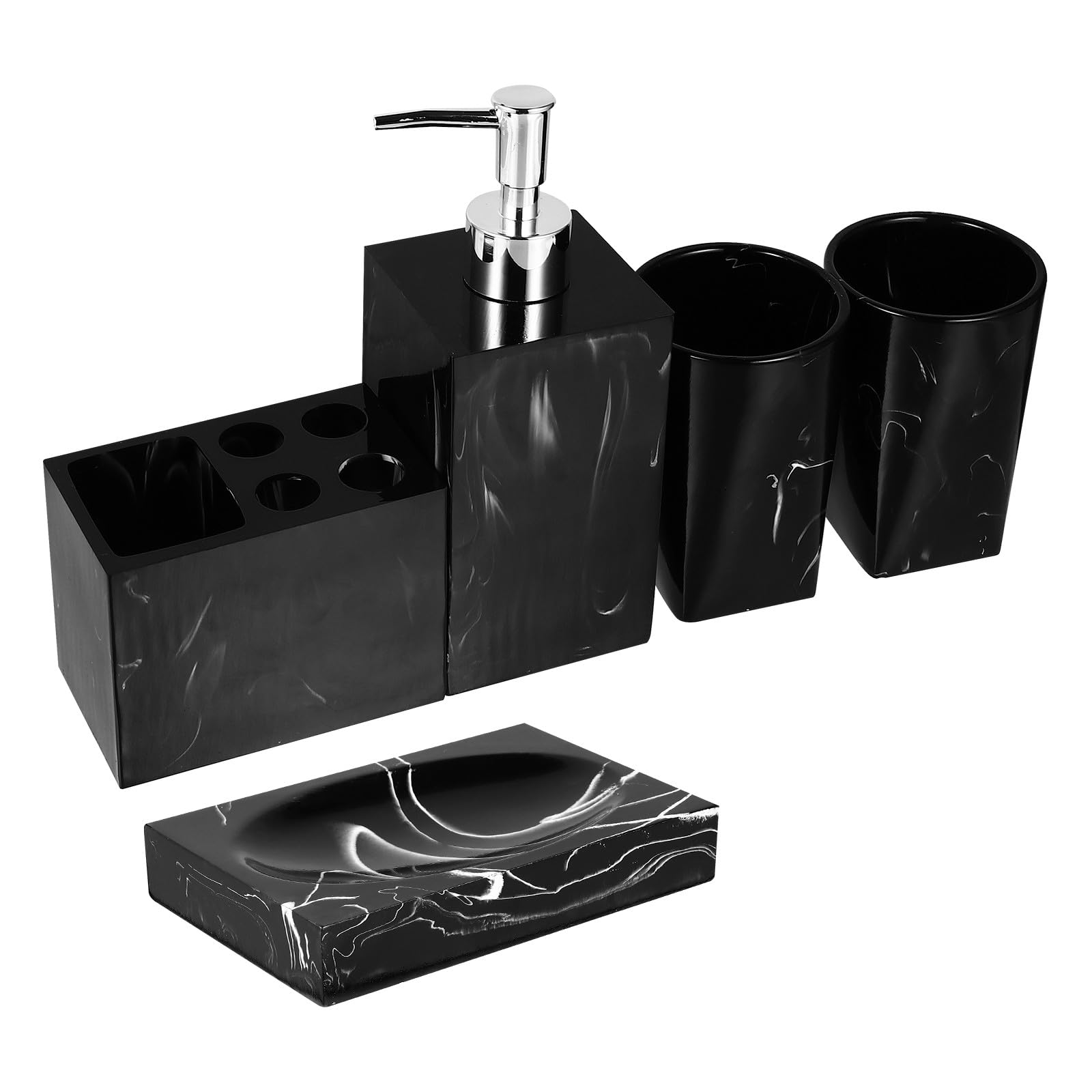 Veemoon Juego de Accesorios de Baño 5 Piezas en Resina Jaspeada Negra Soporte para Cepillos de Dientes Jabonera Vaso para Enjuague Bucal y Botella de Viaje Suministros de Baño Funcionales