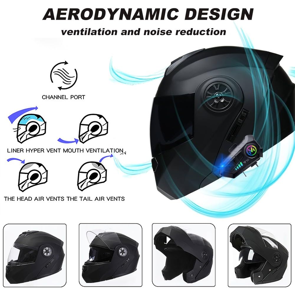 Klapphelm mit Bluetooth, Integriert Motorradhelm, ECE Zertifiziert Integralhelm mit Doppelvisier, mit Eingebautem Mikrofon für Automatische Reaktion, für Männer und Frauen S~XL
