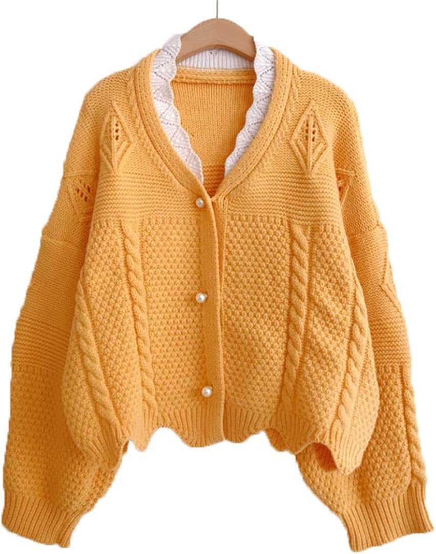 wkd-thvb Punto Corto Cardigan Femenino Cuello V Encaje Botones Perla