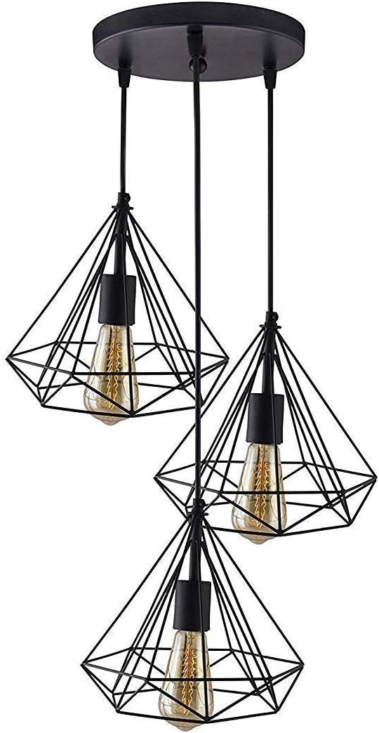 3 Lights Round Cluster Chandelier Black Diamond Hanging Pendant Light with Braided Cord (Bulb Not Included)