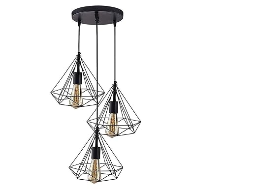 Groeien 3 Lights Cluster Chandelier Diamond Hanging Pendant Light With Braided Cord, Black, Round, Metal