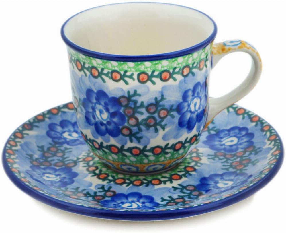Polmedia Polish Pottery Cup with Saucer UNIKAT - Blue Poppy Circle Pattern Handmade in Boleslawiec Poland by Ceramika Artystyczna + Certificate of Authenticity