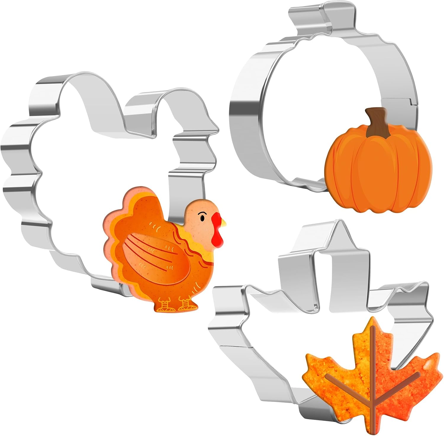 Fall Thanksgiving Cookie Cutters, 3PCS Large 3.2" to 3.6" Stainless Steel Autumn Cookie Cutters Fall Theme Holiday Shapes of Turkey, Maple Leaf, Pumpkin for Home Baking Kit Birthday Party Supplies