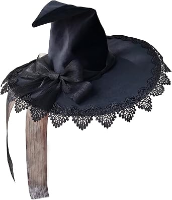 Bowknot Witch Hat Vintage Halloween Cosplay Black Lolita Girl Big Brim Pointed Hat Wizad Womens Lovely Gothic Magic