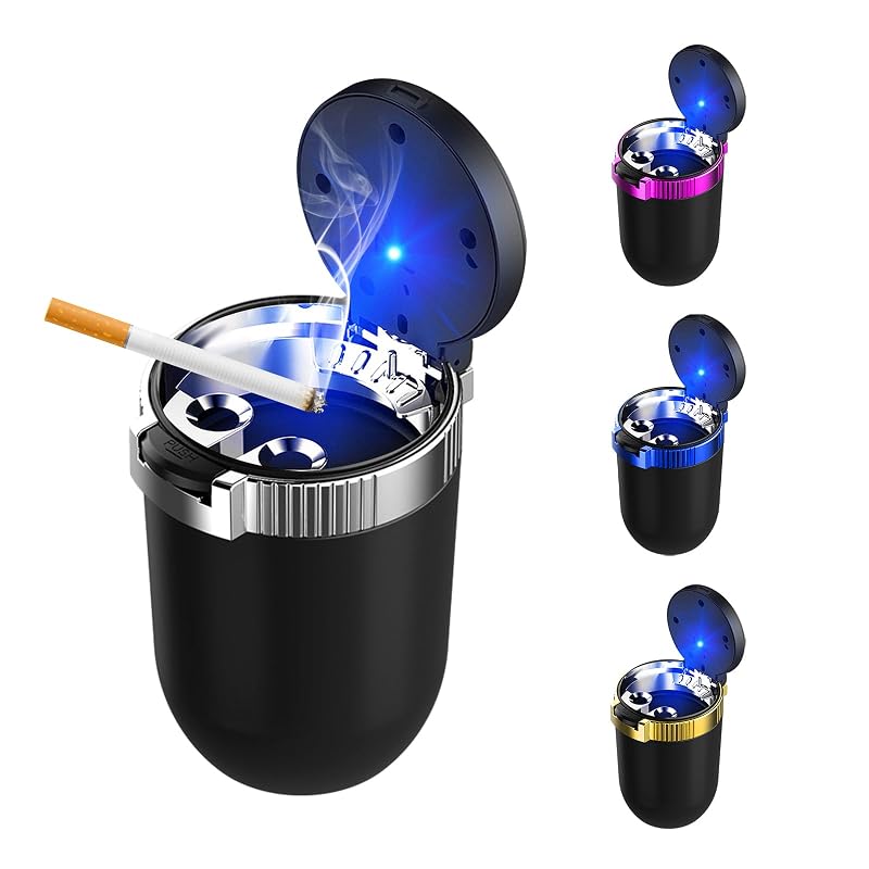 Cinzeiro automotivo com tampa Ohleats, interior em aço inoxidável, luz LED azul, prata