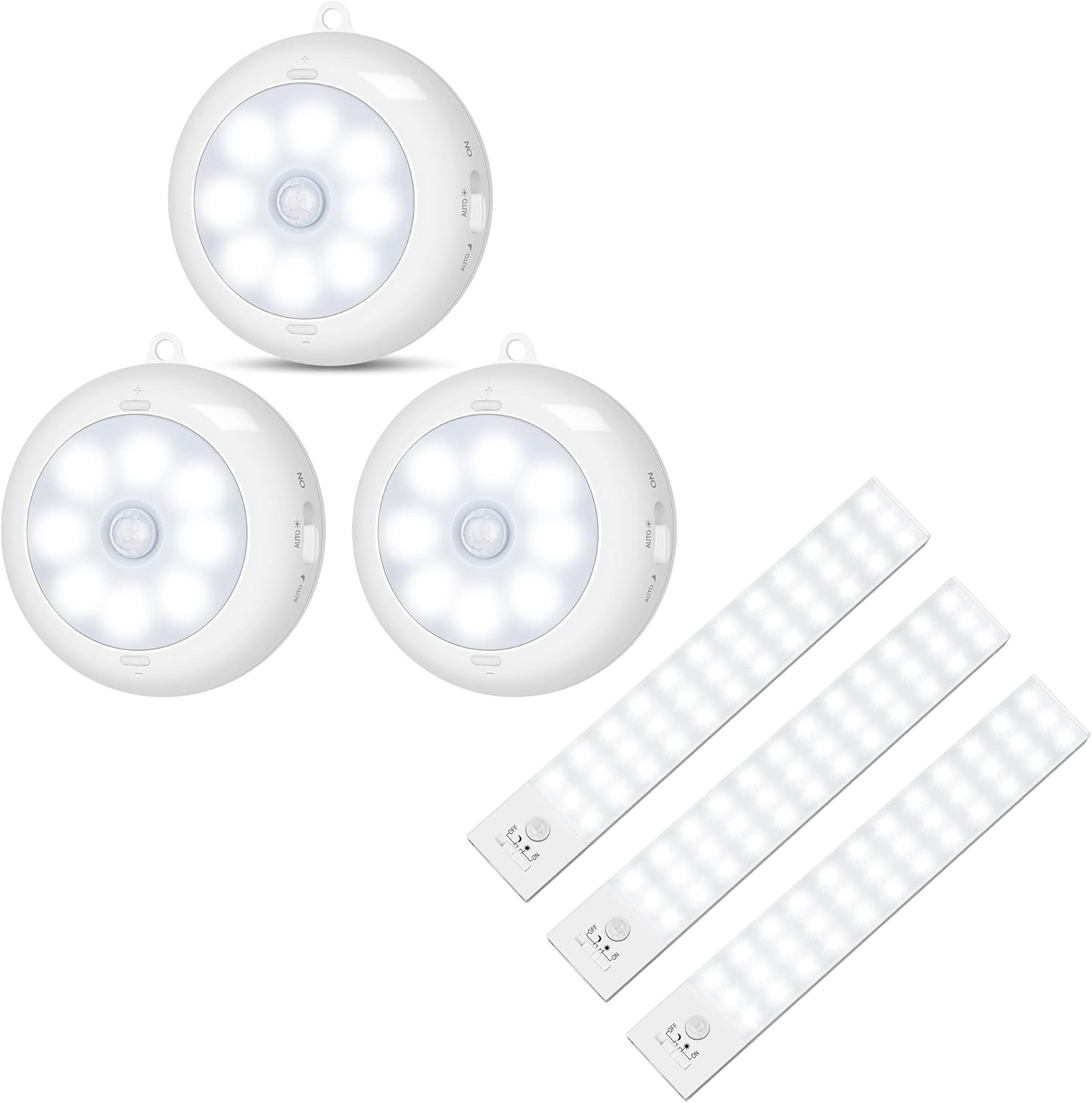 BLS 3 Pack 36 LED Closet Lights + 3 Pack Motion Sensor Light Indoor, LED Night Light Closet Lights, Under Cabinet Battery Powered Ceiling Lights, AA Battery Operated Stick on Wireless Puck Lights