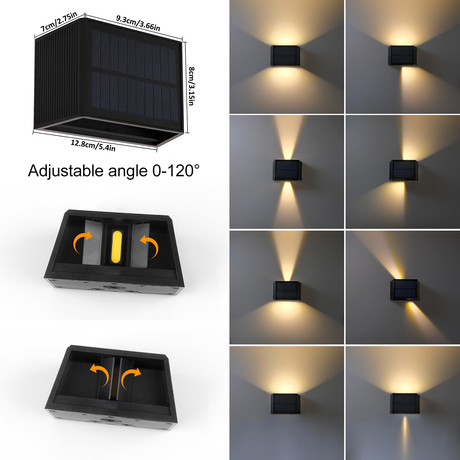 T-SUN 2 Pezzi Lampada Solare da Esterno, 3000K Applique da Esterno Solare, Luci Solari da Giardino Con Fascio di Luce Regolabile Su e Giù, IP65 Impermeabile, per Recinzione da Giardino a Parete