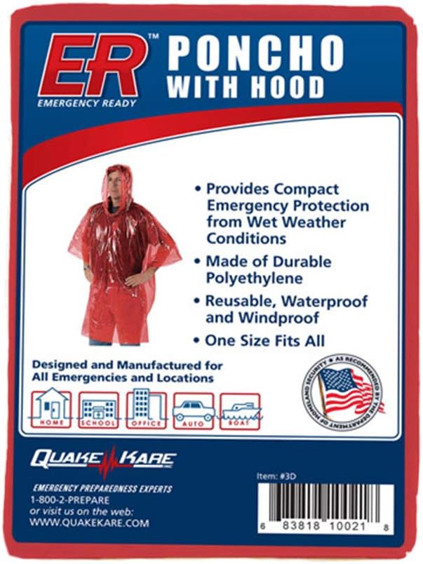 ER Emergency Ready Rain Poncho with Hood