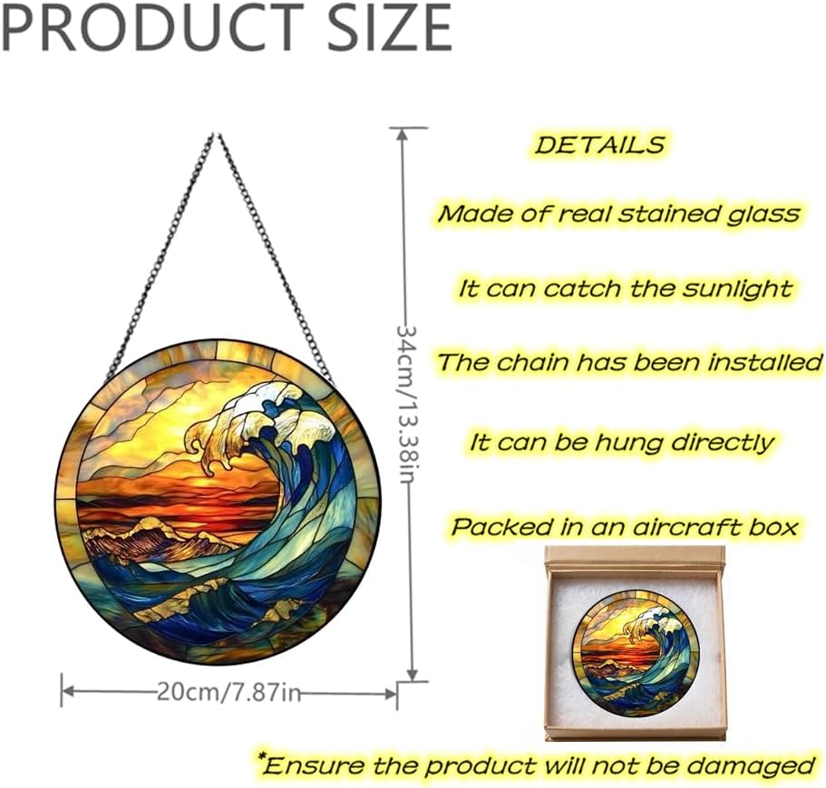 7.87 Inch Ocean Stained Glass Window Hanging, Sunset Ocean Wave Suncatcher for Window Decor, Home Art, UV-Resistant Glass Sun Catcher with Metal Chain, Perfect Birthday for Women