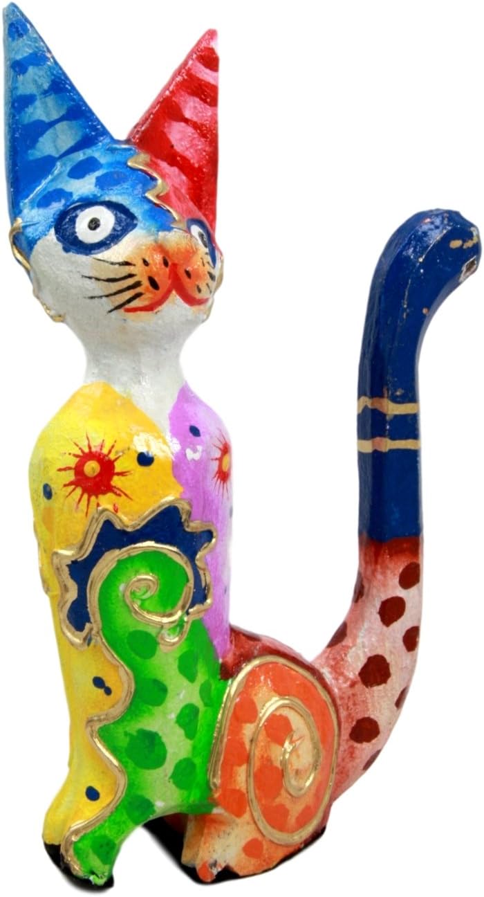Balikraft Hand Made Wood Artisans "Kucing Kelir" Feline Cats Family Set of 3 Decorative Figurines 8.5"H