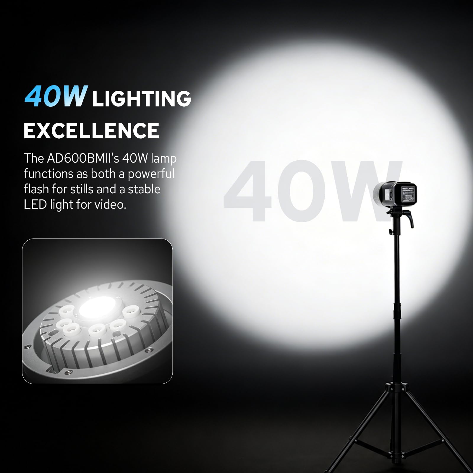 GODOX AD600BM II AD600BMII Flash de Studio, 600Ws Bowens Mount Strobe Flash Exterieur, Batterie Li-ION, 500 Flashs à Pleine Puissance, Temps de Recyclage 0.01-1.9s, 40W LED Modéling Lampe
