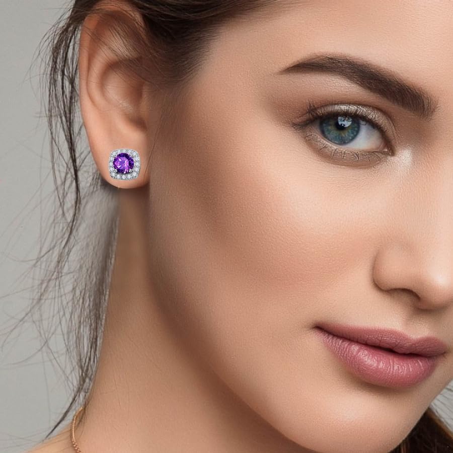 Stud Earrings for Women S925 Sterling Silver Amethyst Round Moissanite Stud Earrings Jewelry Gift for Mother’s Day Ladies Her - Image 5