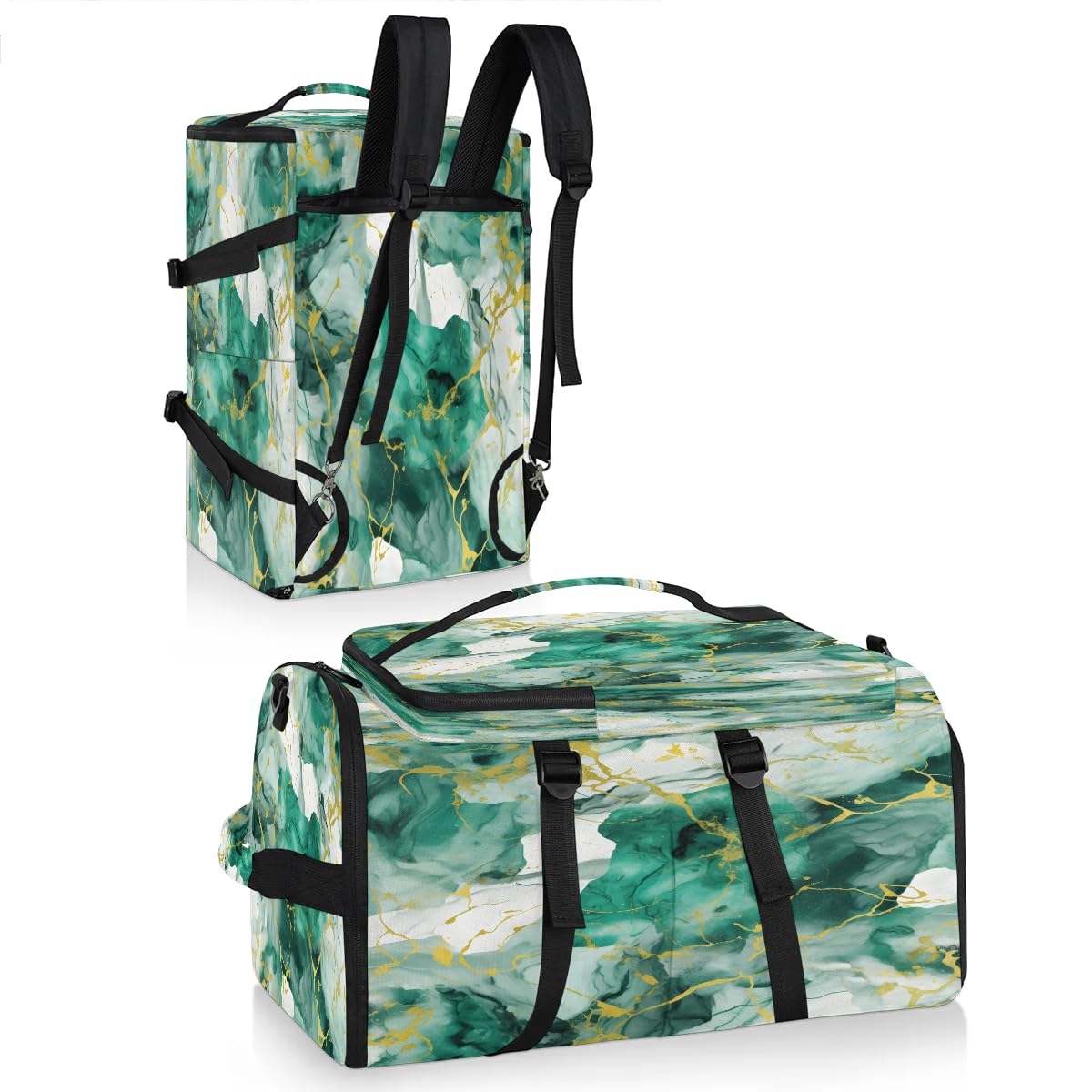 Large Carry on Backpack for Women Men Multi-function Gym Duffle Bag Green Gold Marble Style Backpack Polyester Waterproof Duffel Bags