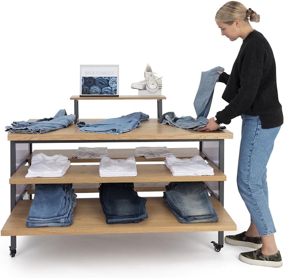 Displays2go Tiered Retail Display Table w/Wheels and Removable Top Riser - Natural Wood (SM3TWDR)
