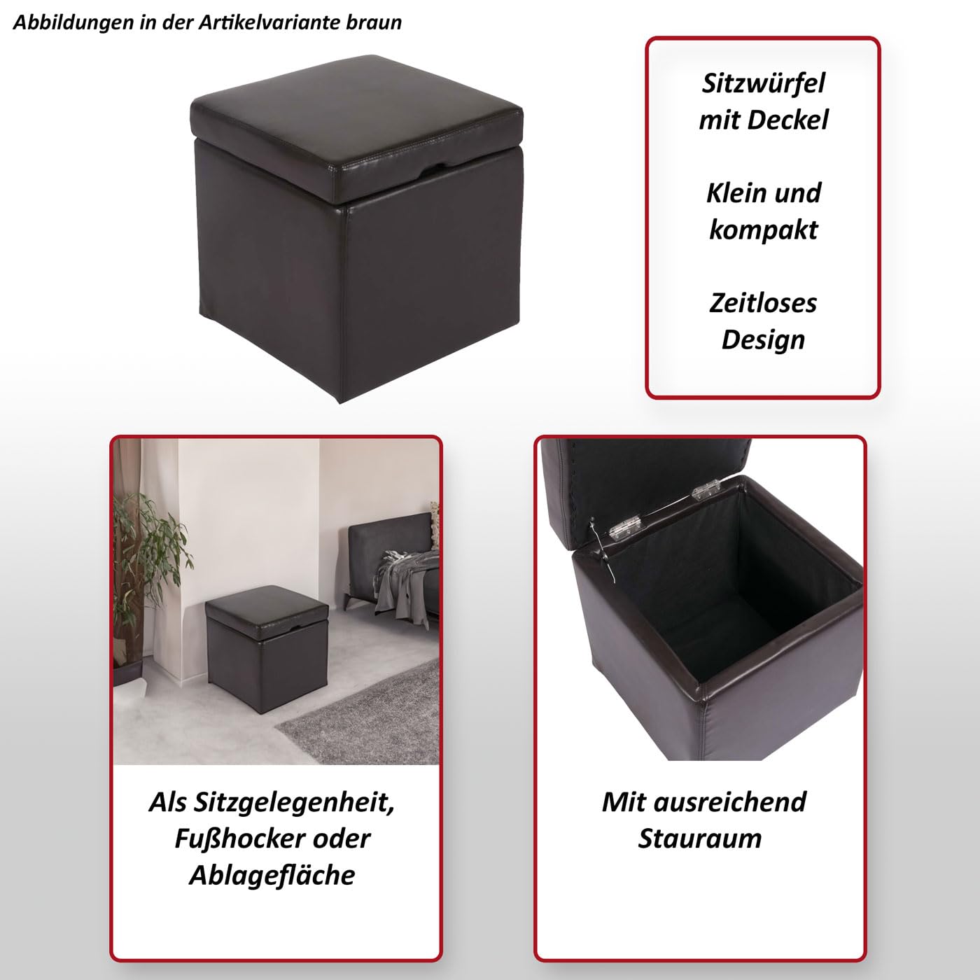 Mendler Hocker Onex mit Deckel, Leder + Kunstleder, 45x44x44cm - braun