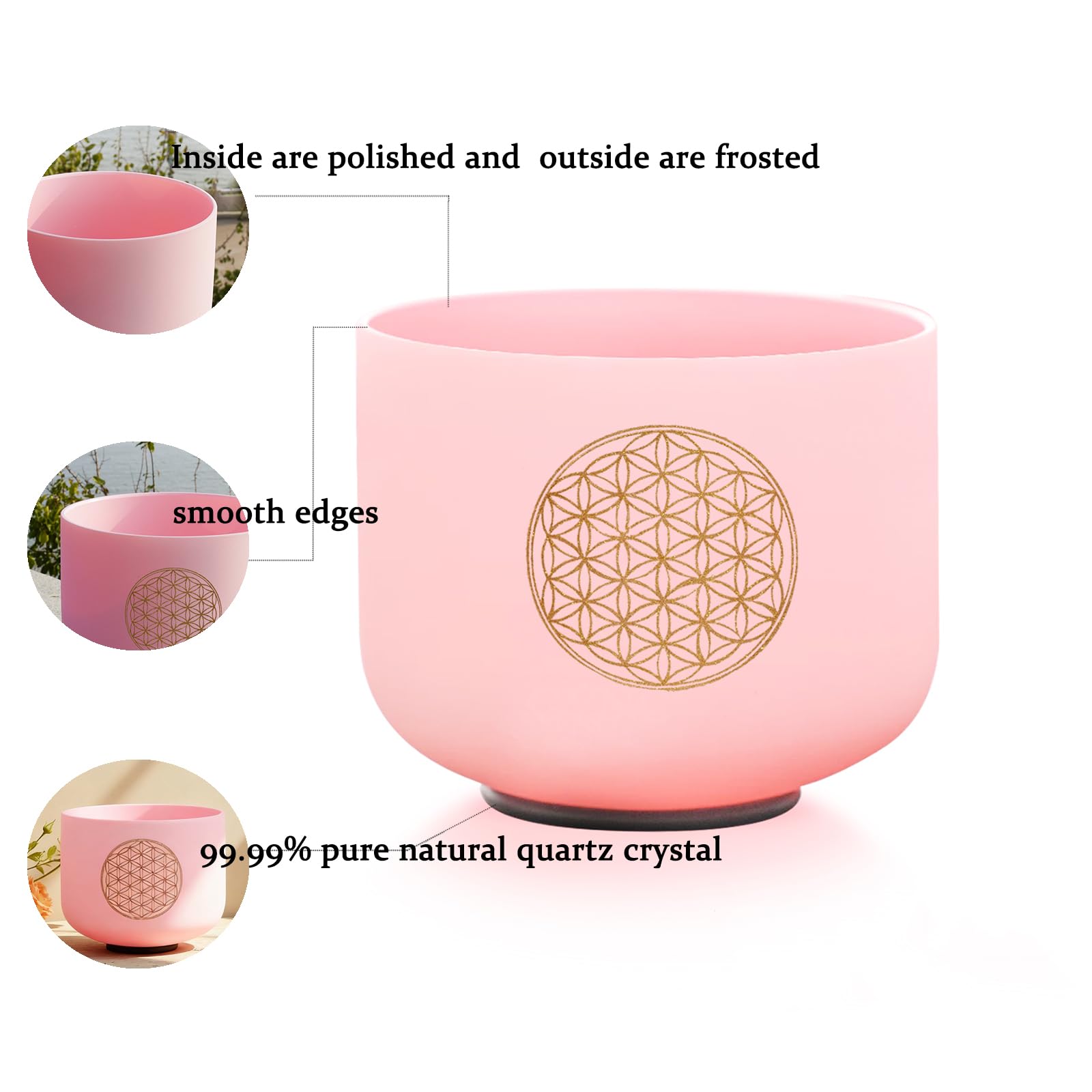 Hye-eun Cuenco tibetano de cristal rosa 528 Hz C Note flor de la vida cuenco cantante cuenco de cuarzo cuenco tibetano meditación chakra coordinado sanación sonido con bolsa de transporte