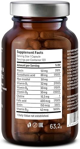 Miniatura 9 de CLAV Complejo de vitamina B, 120 cápsulas, las 8 vitaminas B con co-factores mio-inositol y colina, apoya el metabolismo energético, vegano,