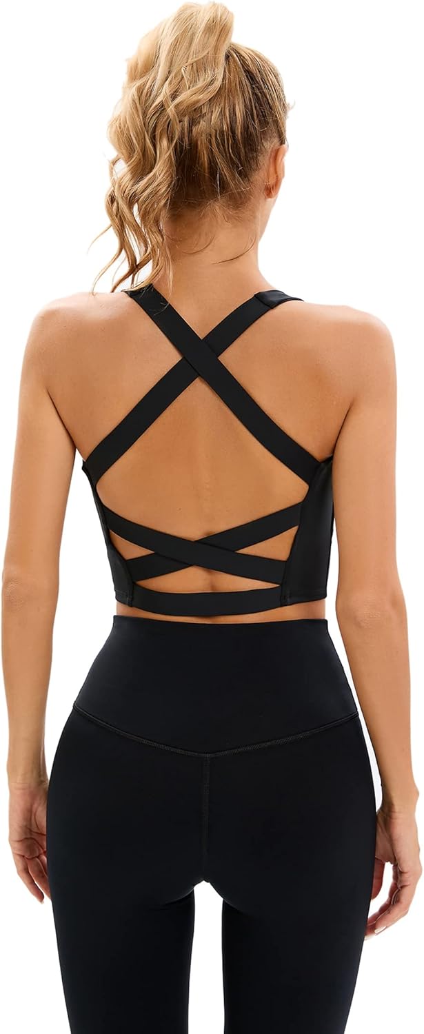 YUDESEN Sports Bras for Women Criss Cross Back Strappy Padded Workout Tank Tops Yoga Bra with Removable Cups