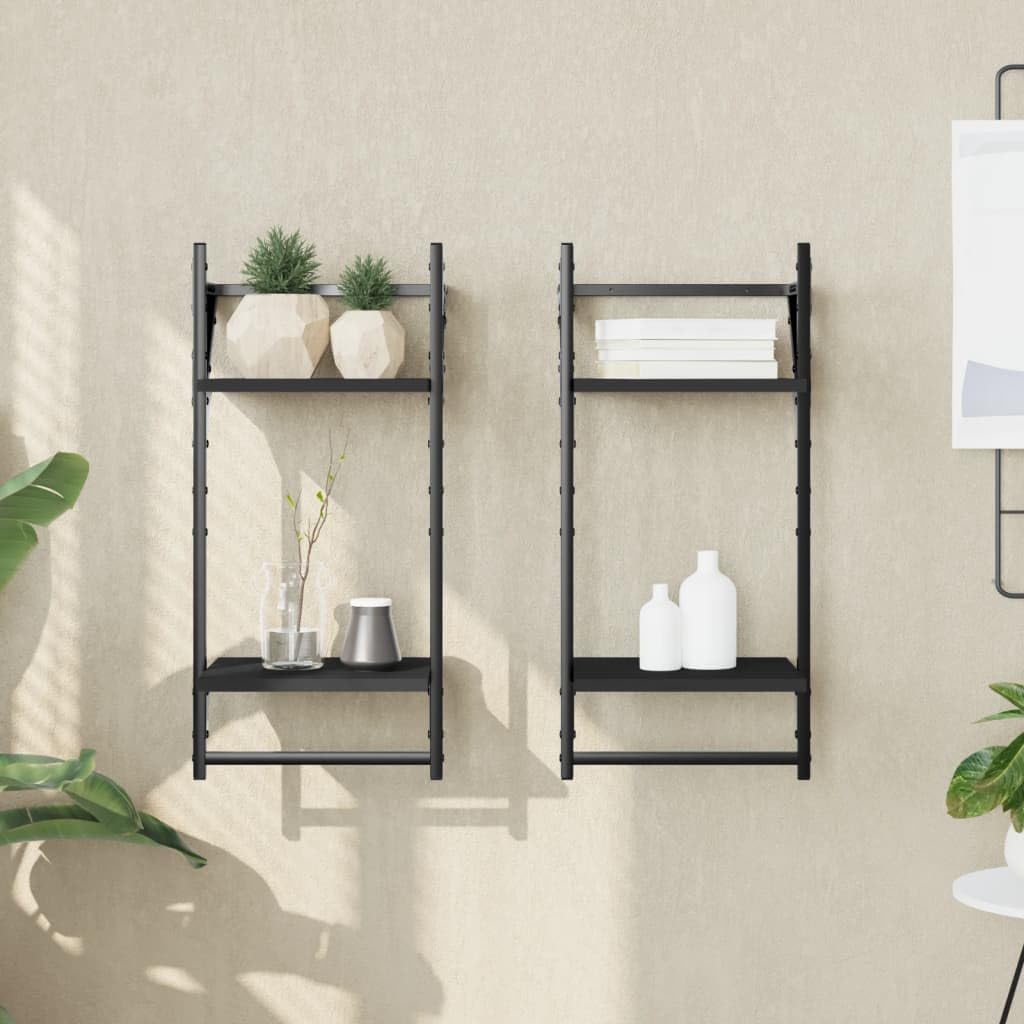 2-Tier Floating Wall Shelves Set, Black Engineered Wood & Metal, 11.8x9.8x25.6 inch, Modern Storage for Living Room, Bathroom, Bedroom Decor