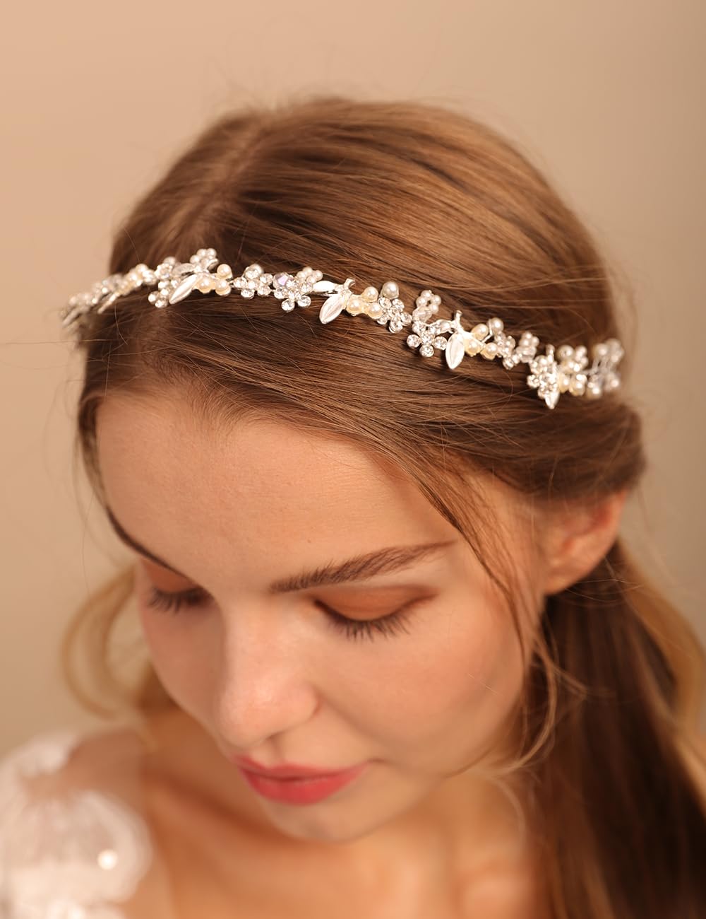 Teyglen Bridal Wedding Flower Leaf Headband Hair Vine Silver Crystal Pearl Headpieces Floral Hair Pieces Hair Accessories for Women Bride Flower Girl