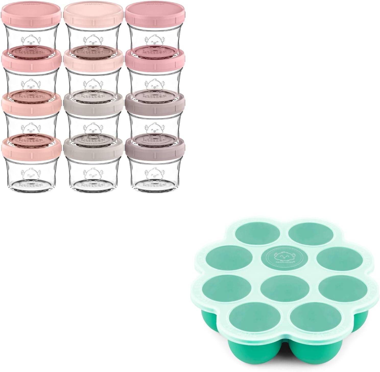 KeaBabies 12-Pack Baby Food Glass Containers and Silicone Baby Food Freezer Tray with Clip-on Lid - 4 oz Leak-Proof, Microwavable, Baby Food Storage Container - Breast Milk Trays for Freezer