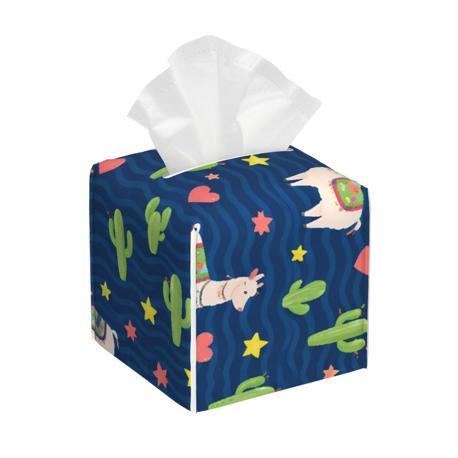 Cute Cactus Llama Leather Tissue Box Cover Holder Square Facial Paper Organizer 5.2" X 5.2" X 5.2"