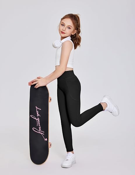 Arshiner Mädchen Leggings Kinder Lang Sportleggins Einfarbig Hohe Taille Sporthose Basic Elastisch Leggings Jogging Training Yoga Hosen mit Taschen 5-14 Jahre - 4