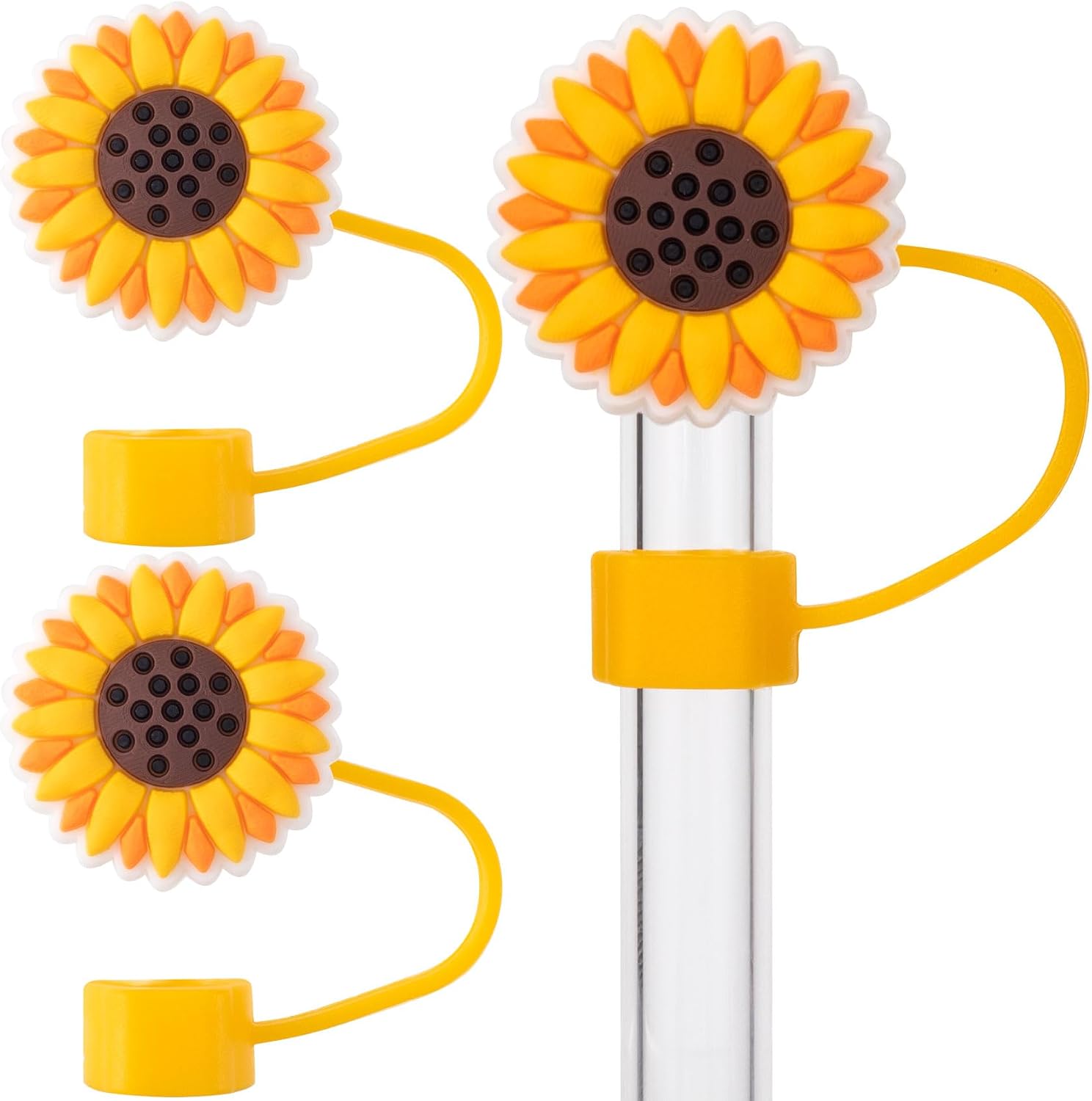 Joez Wonderful 2pcs Sunflower Straw Toppers 10mm, Reusable Silicone Straw Covers for Straws 0.4" Wide(10MM Outer Diameter), Cute Straw Plug Straw Caps for Dust-Proof Drinking Kitchen Accessories